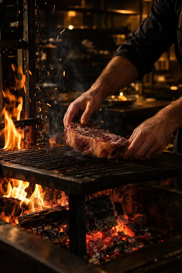 Le chef dépose une pièce de viande sur la grille, au-dessus des braises